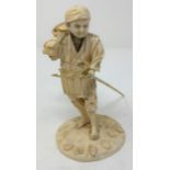 A Japanese carved ivory figure, of a shell fisherman, carrying a fork spear, Meiji period, 14 cm