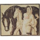 An Art Deco style print of a woman with horse and foal, 3/10, 14 x 17 cm, a cartoon with a man and