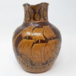 A 20th century art pottery slipware jug, decorated a galleon, birds and fish, signed Sheen, 23 cm