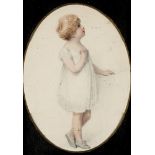 English school, 19th century, a portrait of a girl, watercolour, oval, 12 x 9 cm