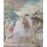 A 19th century silkwood panel, Mary, Joseph, Jesus and donkey being led by an angel, 44 x 38 cm