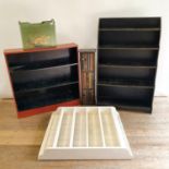 A painted waterfall bookcase, 76 cm wide, a painted shelf, 91 cm wide, a painted bookcase, and a