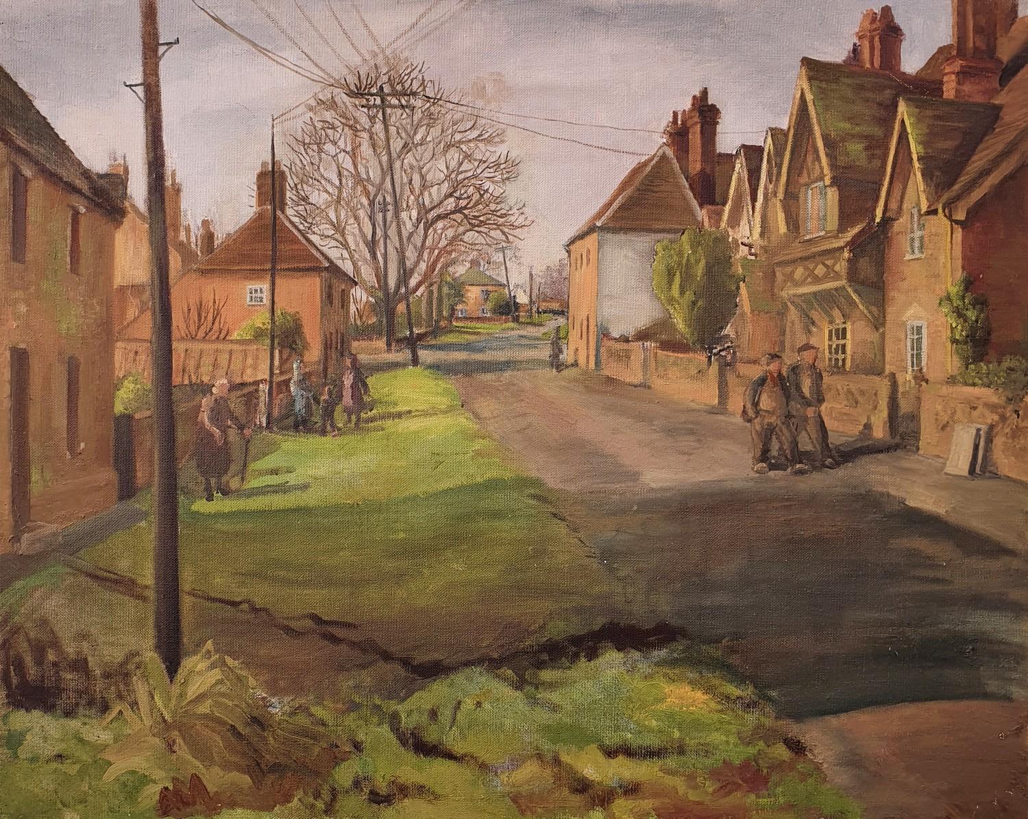 English school, 20th century, a street scene with figures, oil on canvas, 60 x 77 cm