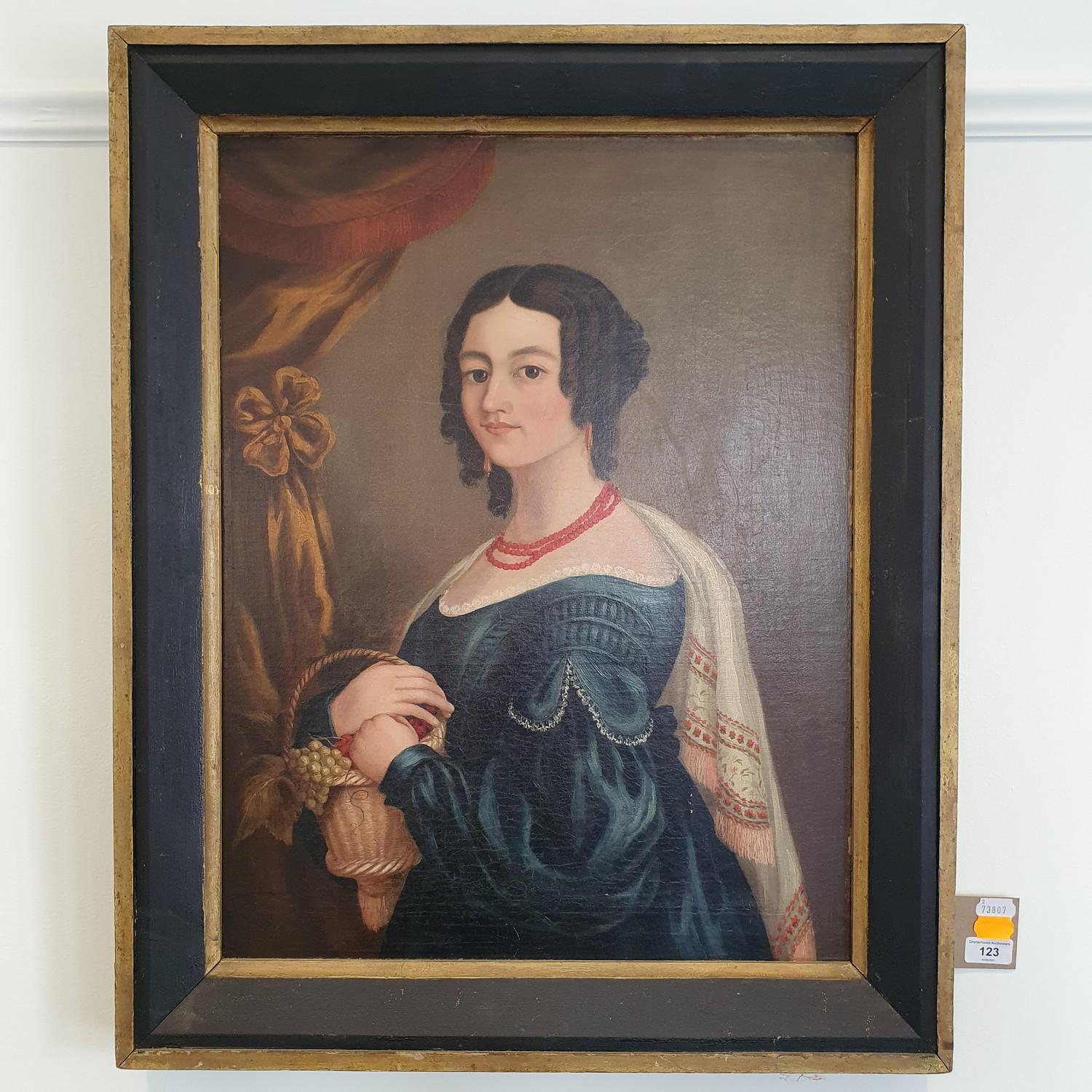 English School, early 19th century, a portrait of a lady with a coral necklace and a blue dress, oil - Image 2 of 3