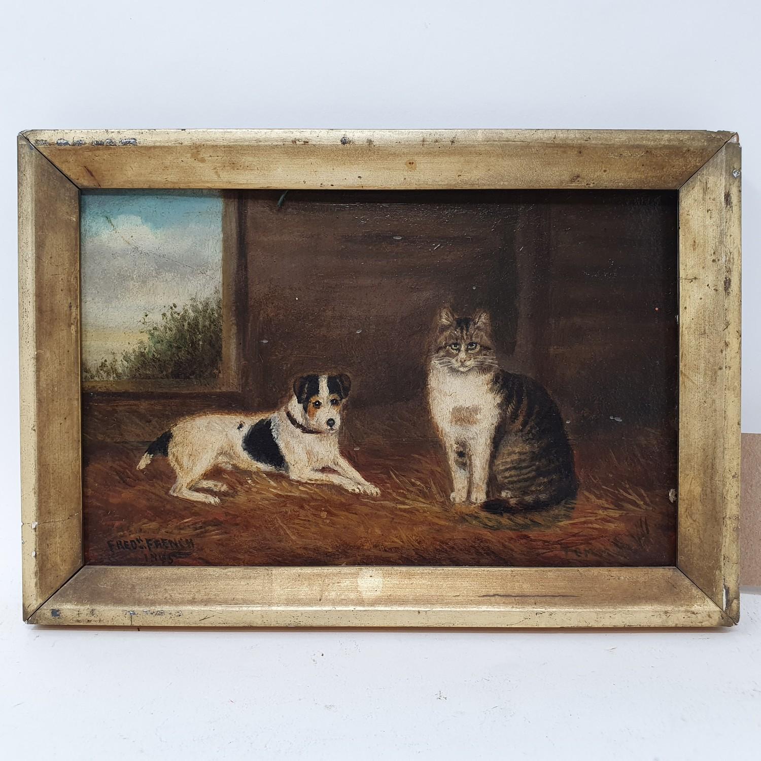 Frederick French, a terrier and a cat, oil on board, signed and dated 1895, 14 x 22 cm - Image 3 of 3