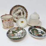 An early 19th century saucer, decorated butterflies, 10 cm diameter, and various early 20th