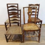 A 19th century oak single chair, with a pierced splat back, and three ladder back chairs (4)