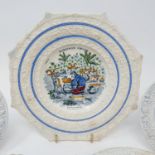 A 19th century nursery plate, Robinson Crusoe Milking, 18 cm diameter, and five other nursery plates