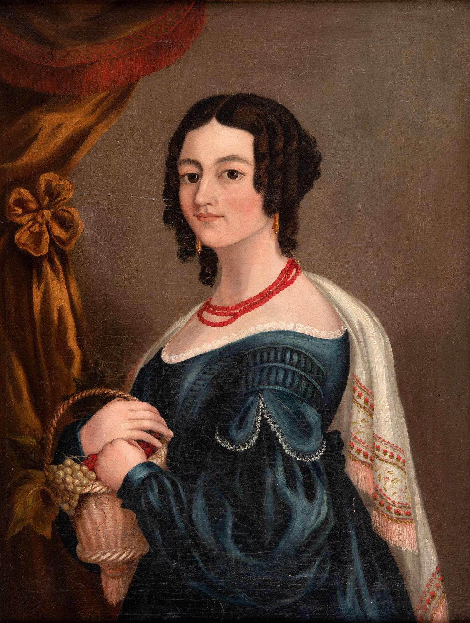 English School, early 19th century, a portrait of a lady with a coral necklace and a blue dress, oil