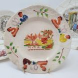 A 19th century nursery plate, the hen in the flower garden, 17 cm diameter, and five other nursery