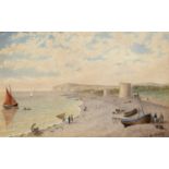W L Wing, four Martello towers, on a coastline, possibly Eastborne, watercolour, signed, 21 x 33 cm