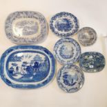 A 19th century blue and white meat plate, 49 cm wide, and various other 19th century and later