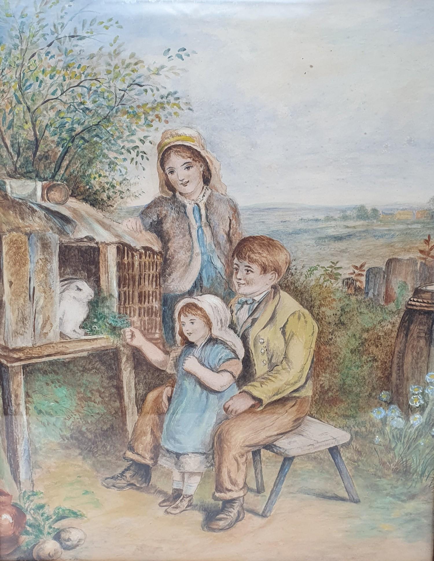 English school, early 20th century, three children and a pet rabbit, watercolour, 34 x 26 cm, a