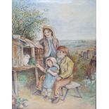 English school, early 20th century, three children and a pet rabbit, watercolour, 34 x 26 cm, a