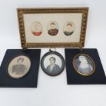 A 19th century portrait miniature of a woman, 8 x 6 cm, three portrait miniatures of children, later