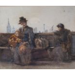 English school, early 20th century, a mother and two children seated on a bench, watercolour, 11 x