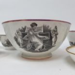 A 19th century bat transfer printed bowl, decorated a lady playing a spinet, and various other