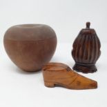 A fruitwood tea caddy, in the form of an apple, 13 cm diameter, and two snuff boxes (3)
