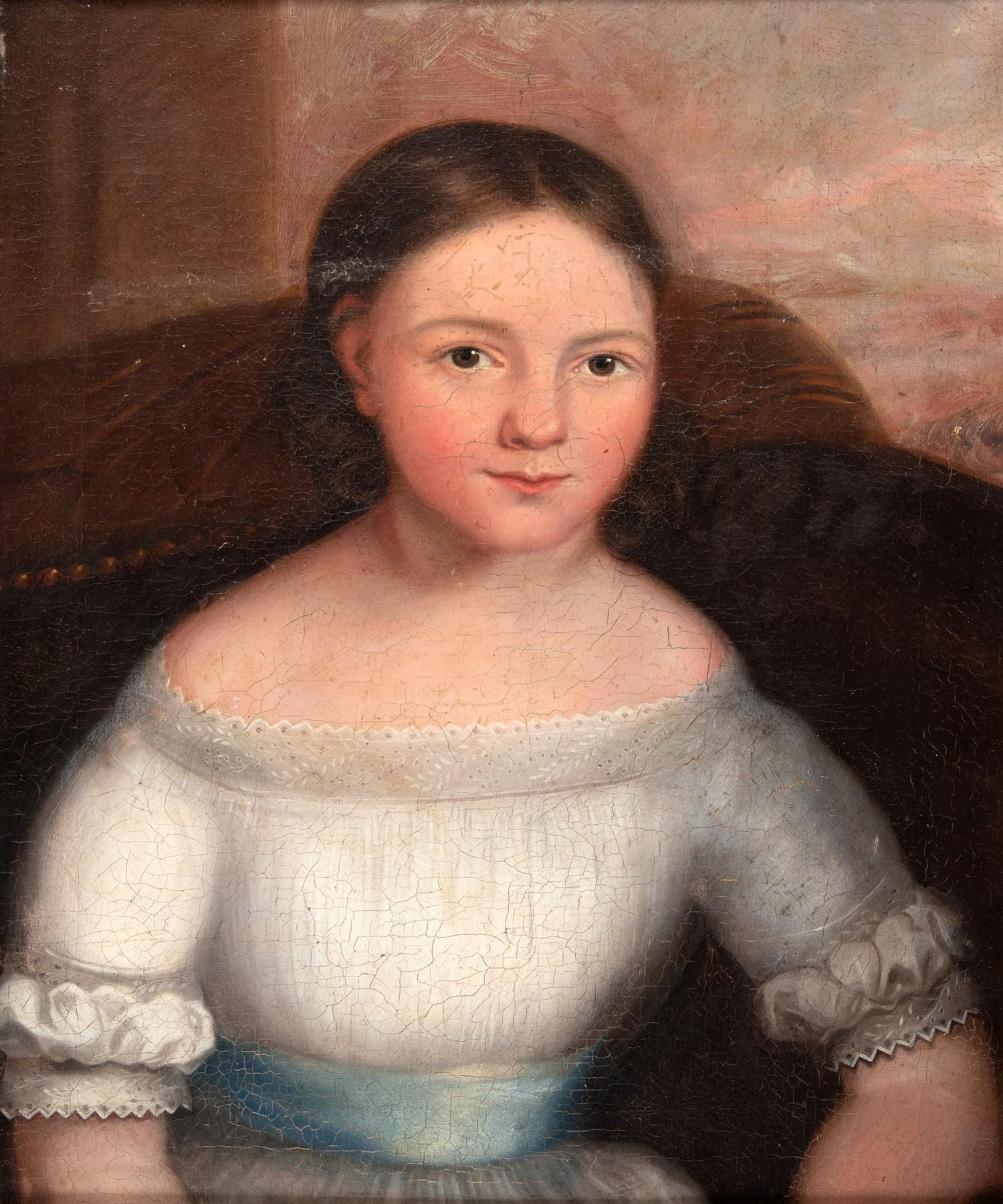 English School, 19th century, a portrait of a young girl, oil on canvas, 48 x 39 cm Heavily restored