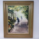 Stratton, figure outside a flower shop, oil on canvas, signed, 40 x 29 cm, and various other