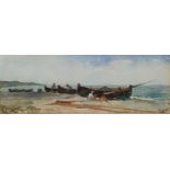Bonetti, a seascape with moored boats, watercolour, signed, 13 x 34 cm, landscape, watercolour,