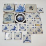 A 19th century Delft tile, decorated a galleon, 14 x 13 cm, and various other Delft tiles (box)