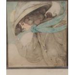 Ethel Larcombe, an Art Nouveau style print of a lady in a bonnet, print, signed in pencil, 24 x 22