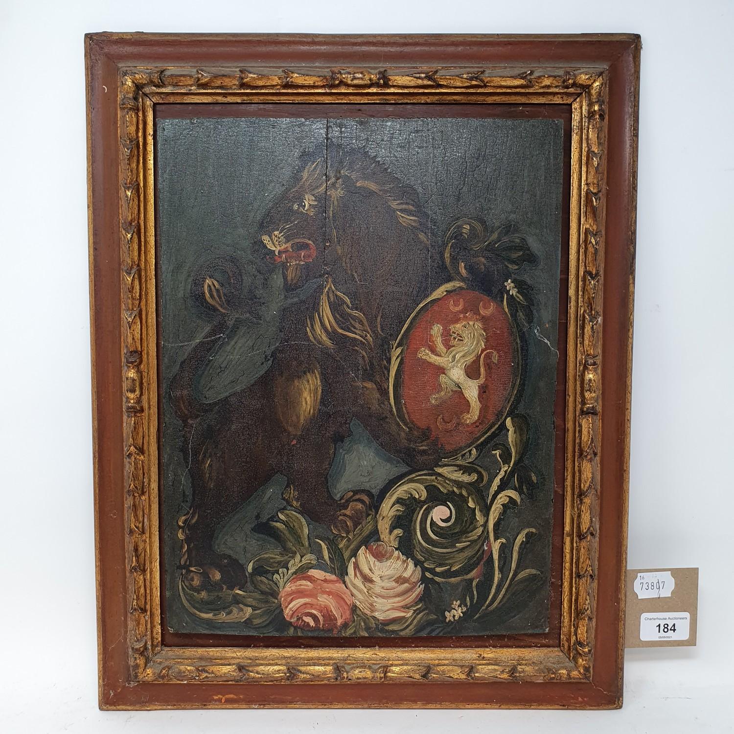 English school, 20th century, lion rampant holding a shield, oil on board, 36 x 27 cm Slight - Image 2 of 3