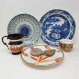 A 19th century blue and white plate, 24 cm diameter, and various other 19th century and later