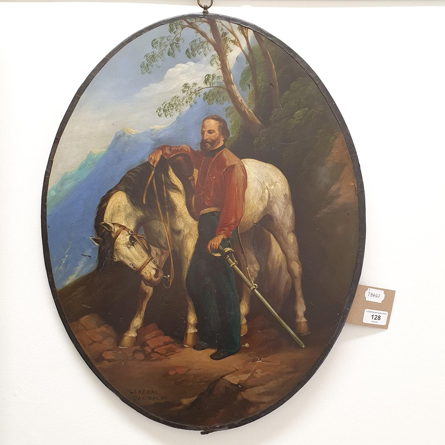 Continental school, early 20th century, a portrait of General Garibaldi, with his horse, oil on - Image 2 of 3