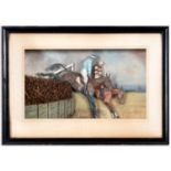 Tom Deeks, a diorama, two racehorses clearing a jump, mixed media, signed, 22 x 38 cm