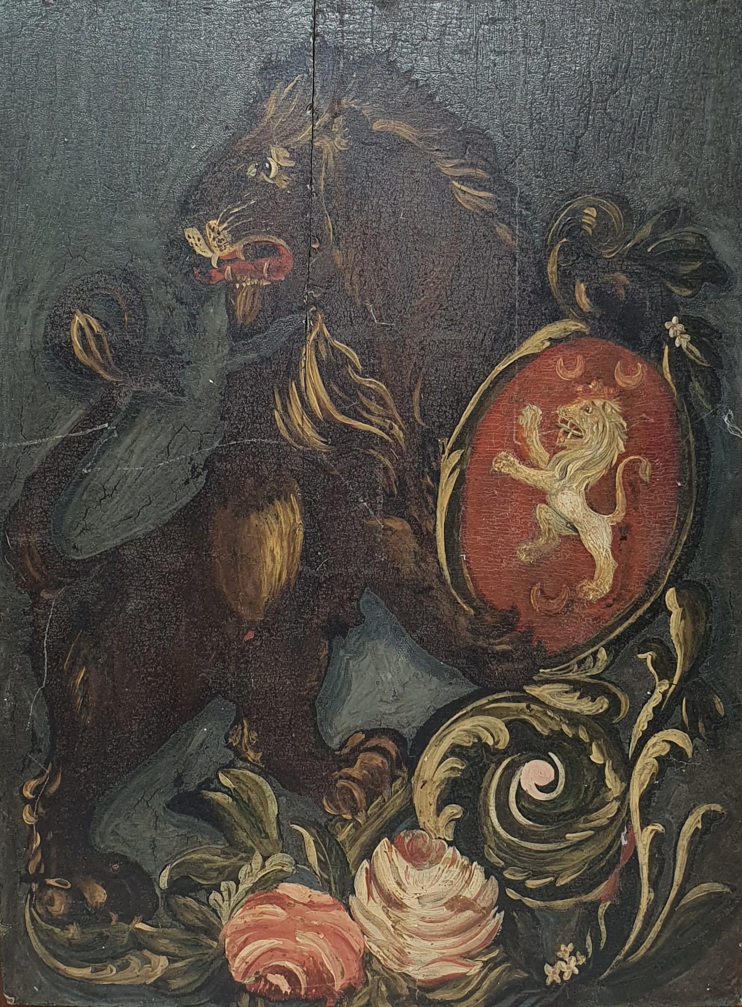 English school, 20th century, lion rampant holding a shield, oil on board, 36 x 27 cm Slight