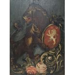 English school, 20th century, lion rampant holding a shield, oil on board, 36 x 27 cm Slight