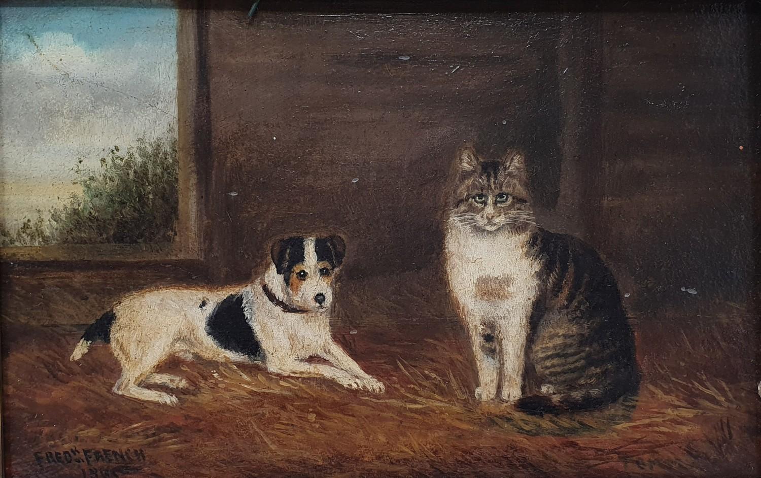 Frederick French, a terrier and a cat, oil on board, signed and dated 1895, 14 x 22 cm