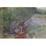 English school, early 20th century, a woman by a spring, watercolour, 23 x 33 cm, Herbert Heips,