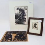 A gentleman in a bowler hat standing with three chickens, print, 6 x 4 cm, a farm worker, print,