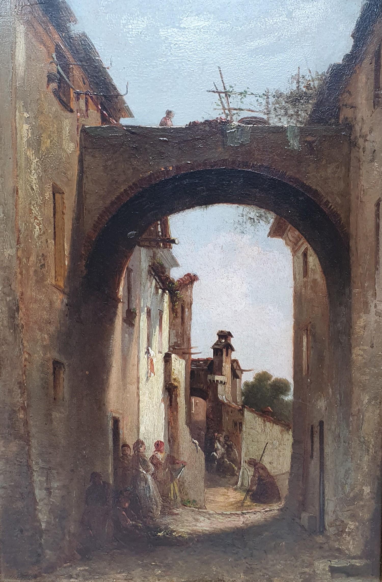 Attributed to Andrea Fossati (Italian 1844-1919), an archway with figures, oil on panel, inscribed