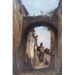 Attributed to Andrea Fossati (Italian 1844-1919), an archway with figures, oil on panel, inscribed