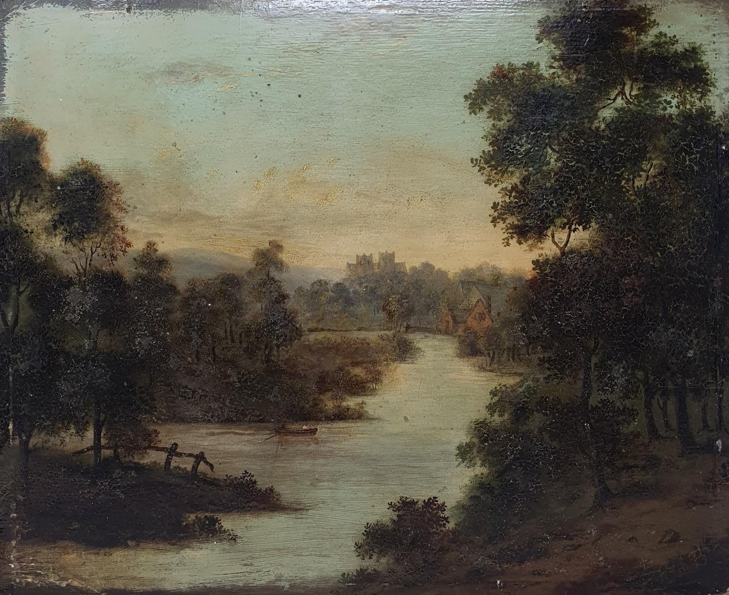 English school, 19th century, landscape with river, oil on board, Winsor & Newton label verso, 29