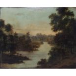 English school, 19th century, landscape with river, oil on board, Winsor & Newton label verso, 29