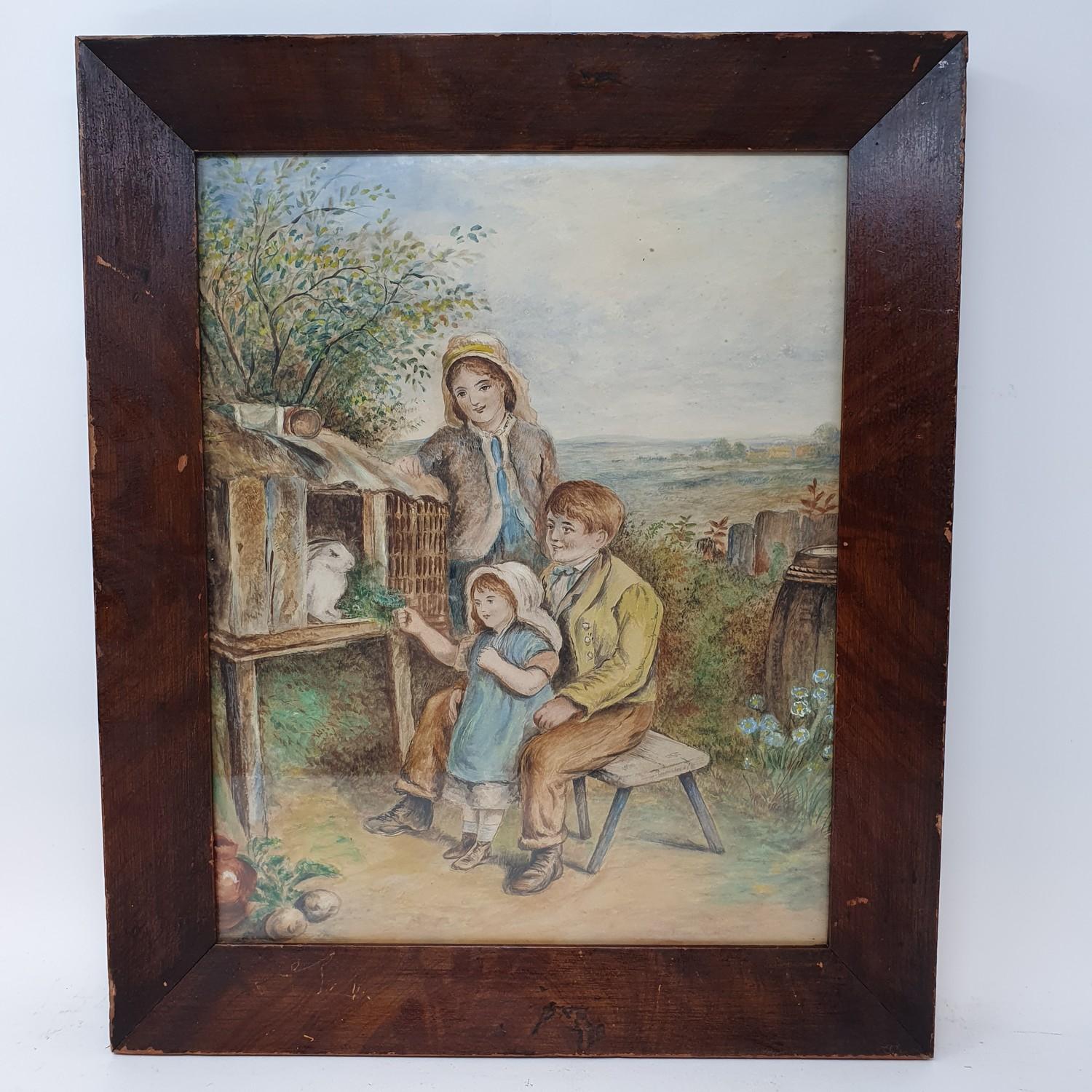 English school, early 20th century, three children and a pet rabbit, watercolour, 34 x 26 cm, a - Image 2 of 6