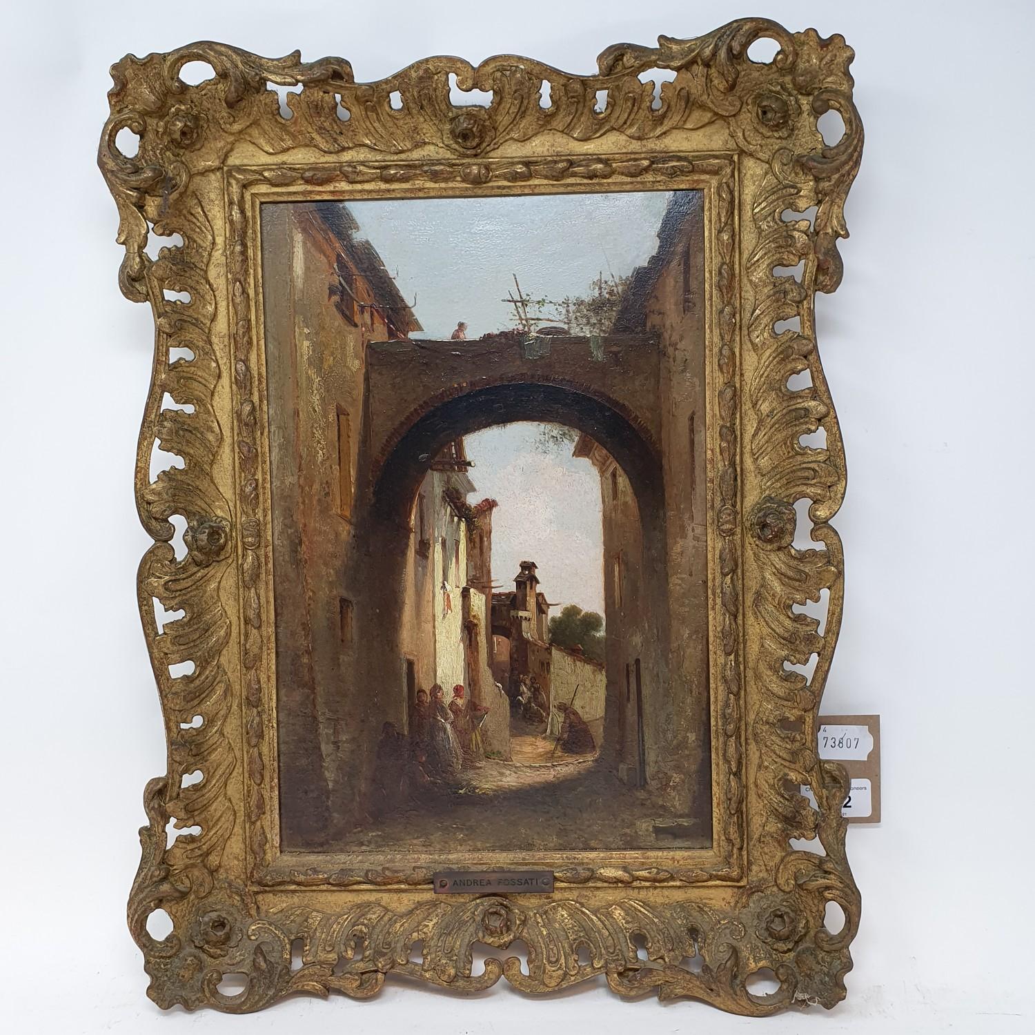Attributed to Andrea Fossati (Italian 1844-1919), an archway with figures, oil on panel, inscribed - Image 2 of 4