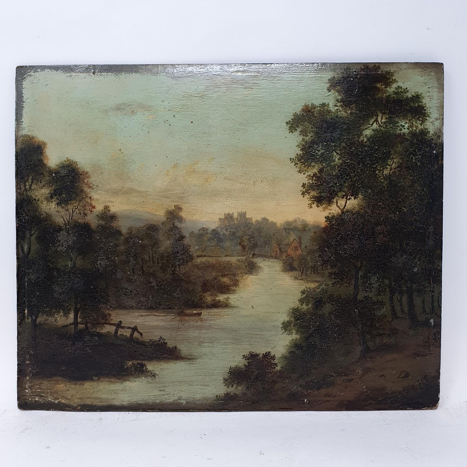 English school, 19th century, landscape with river, oil on board, Winsor & Newton label verso, 29 - Image 2 of 3