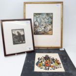 A 20th century print of a shepherd, 9 x 7 cm, a bevy of swans, print, initialed E. K. S. P., 16 x 30