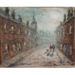 Peter W. G. Coombes (British), a northern street scene with two figures and a dog, watercolour,