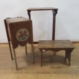 An early 20th century walnut adjustable piano stool, an oak stool, a painted wood box, a rosewood