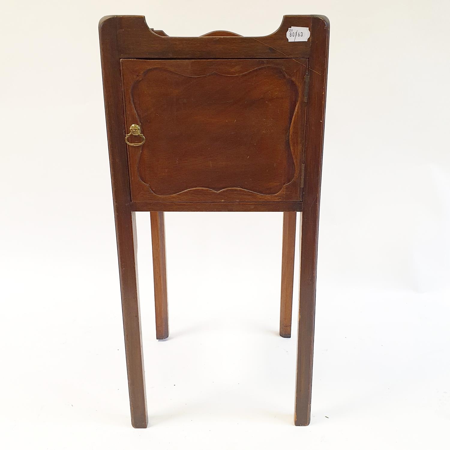 A mahogany tray top pot cupboard, with a single frieze drawer on square legs, 35 cm wide