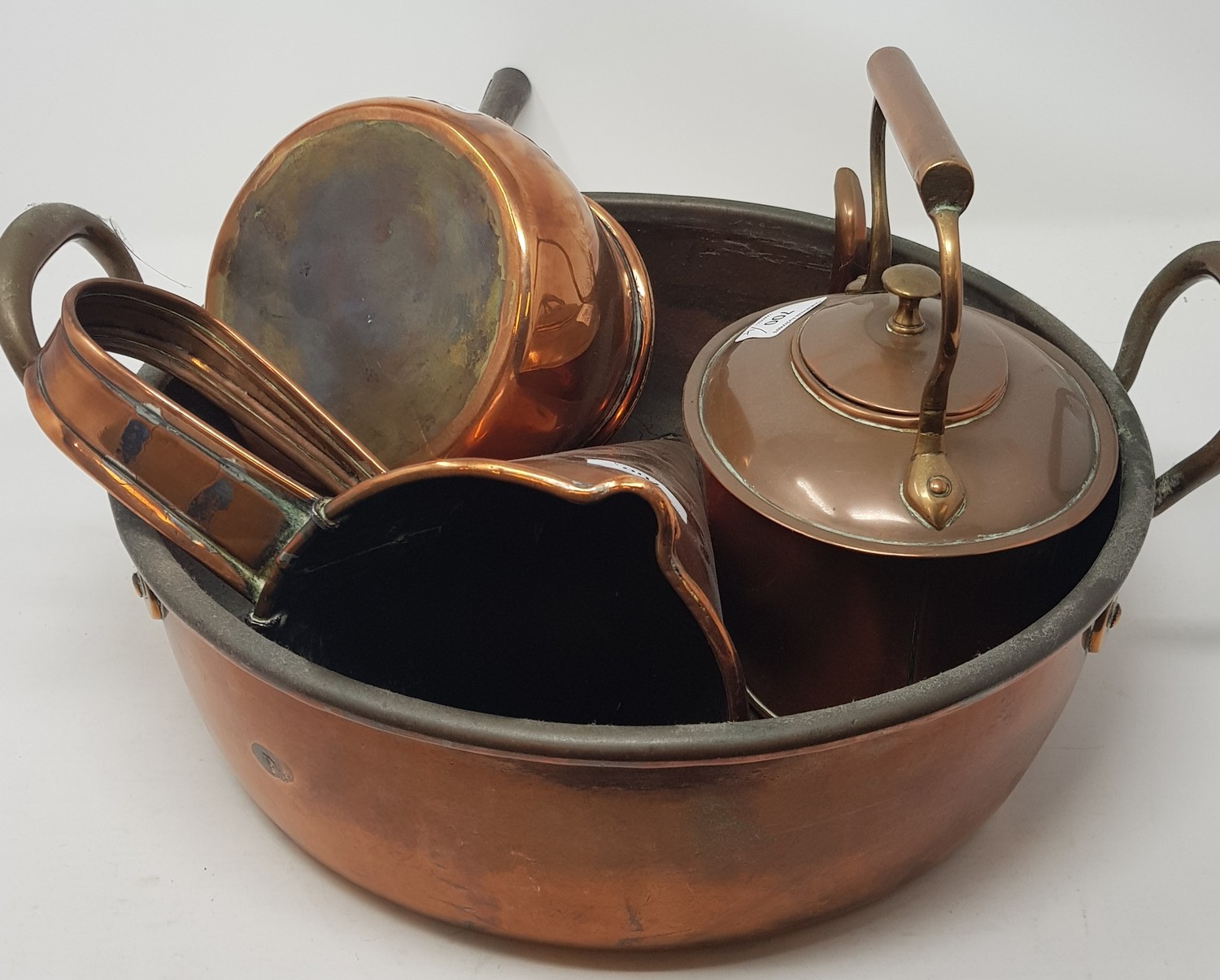 A brass and copper preserve pan, 44 cm diameter and other metalwares (4)