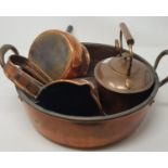 A brass and copper preserve pan, 44 cm diameter and other metalwares (4)