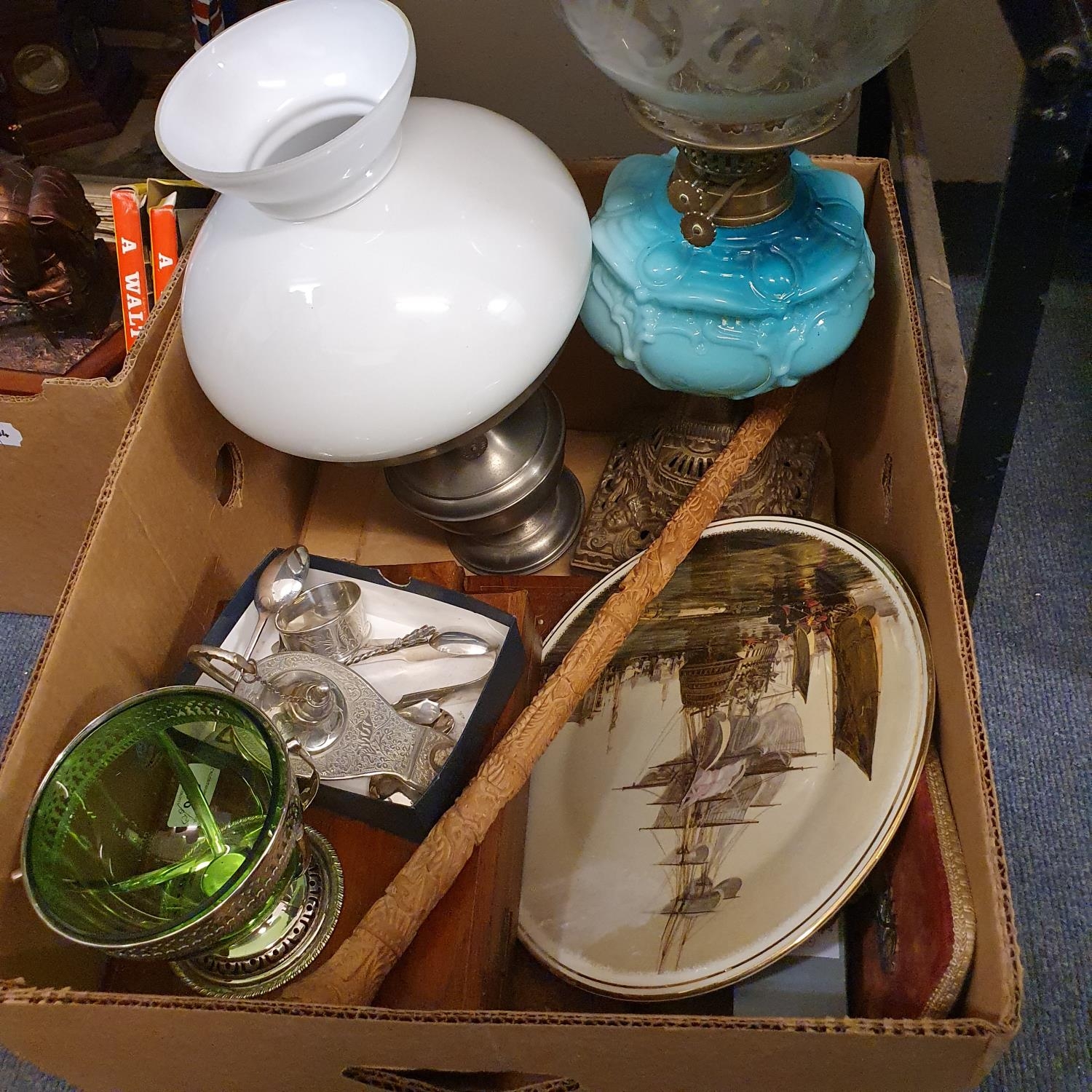 An oil lamp, with a blue glass well, two silver tea spoons and various other items (box) cannot - Image 3 of 3